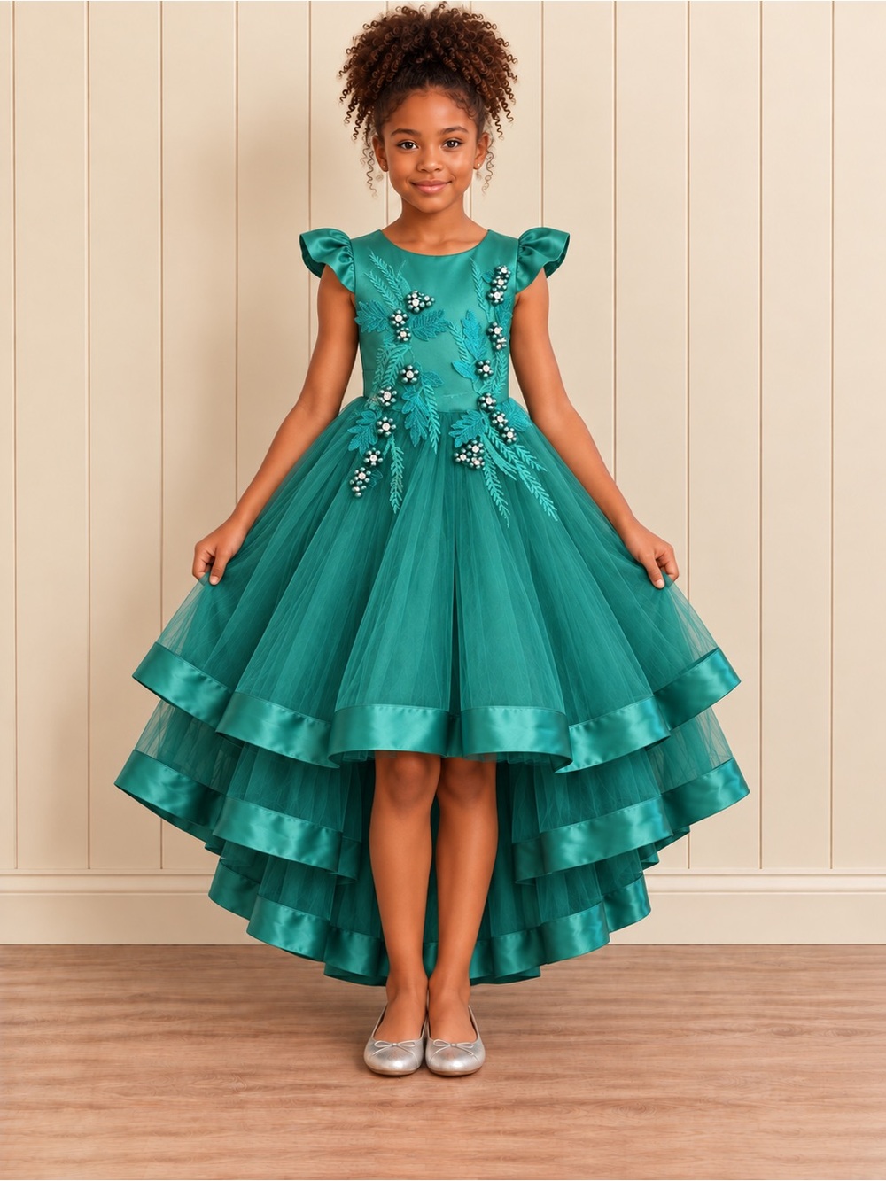 Emerald Teal High-Low Tulle Flower Girl Dress - Kids
